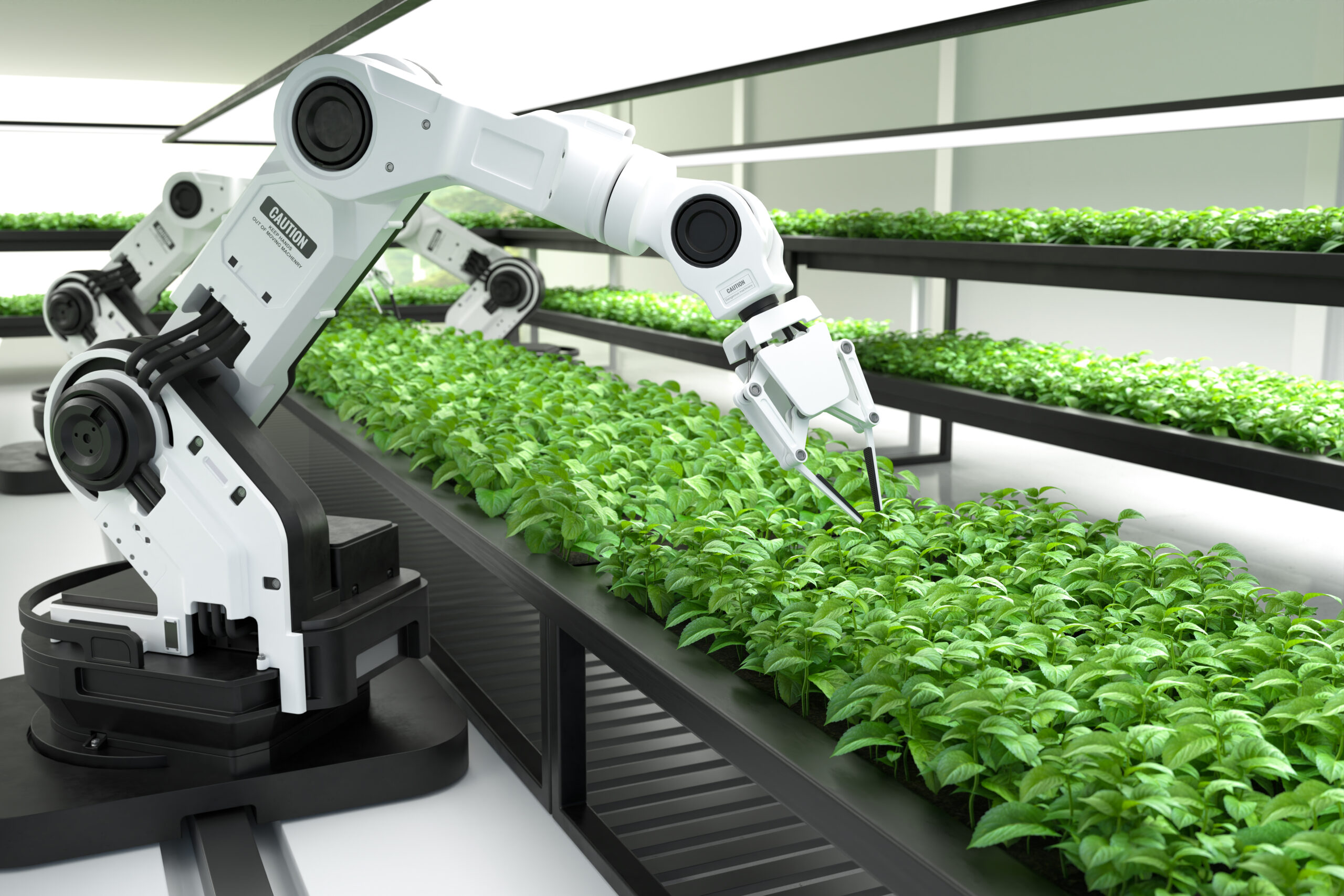 Smart robotic farmers concept, robot farmers, Agriculture technology, Farm automation. 3D illustration