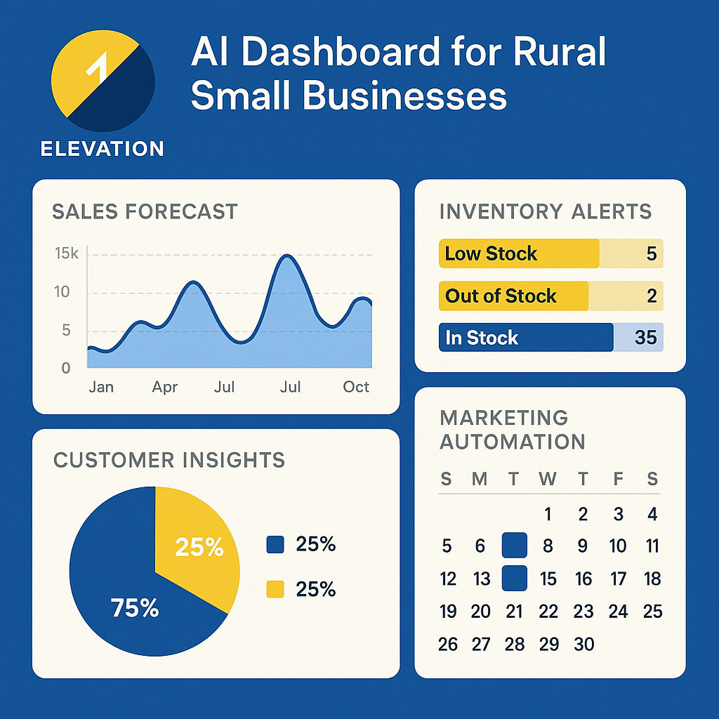 Elevation AI‑OS dashboard showing automated workflows, analytics, and rural‑business management tools.
